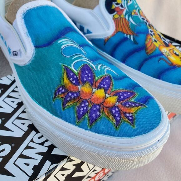 Hand Crafted Slip On Classic Vans with a Koi Fish and a Lotus Flower - Picture 4 of 11